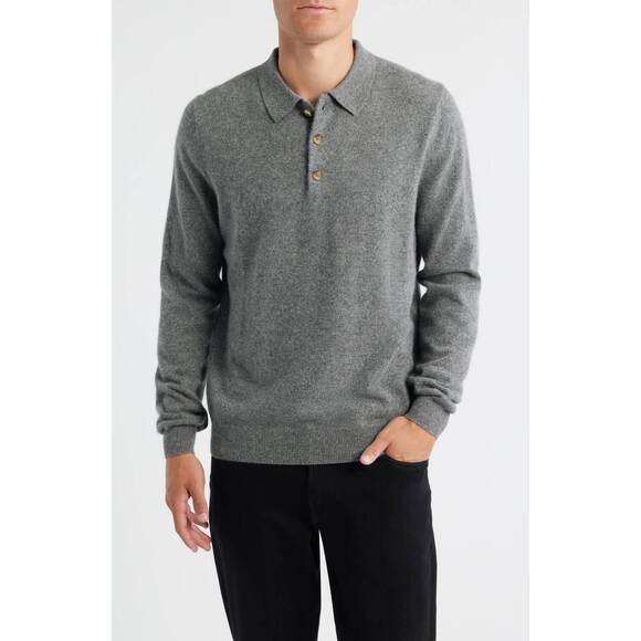 NEW SCOTT BARBER fine gauge cashmere polo sweater in pewter heather